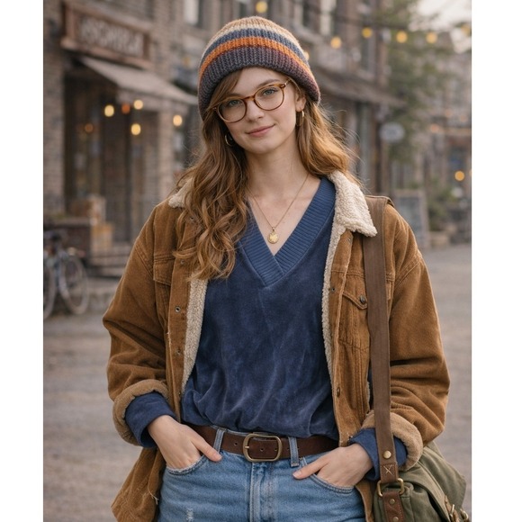 Vintage Sweaters - Vintage Velour V-Neck Pullover Sweater Blue Ribbed Trim Blouson XS Top Womens